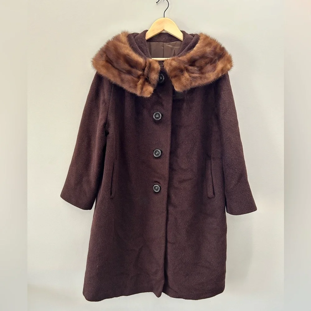 Vintage 60’s Ladies Brown Fox Fur Collar Mink Button Down Long Trench Coat - Picture 5 of 9